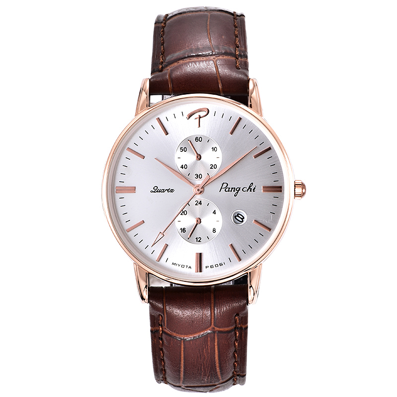 鹏志(pangchi)日历皮带手表 时尚三眼装饰表盘男表 经典小牛皮表带