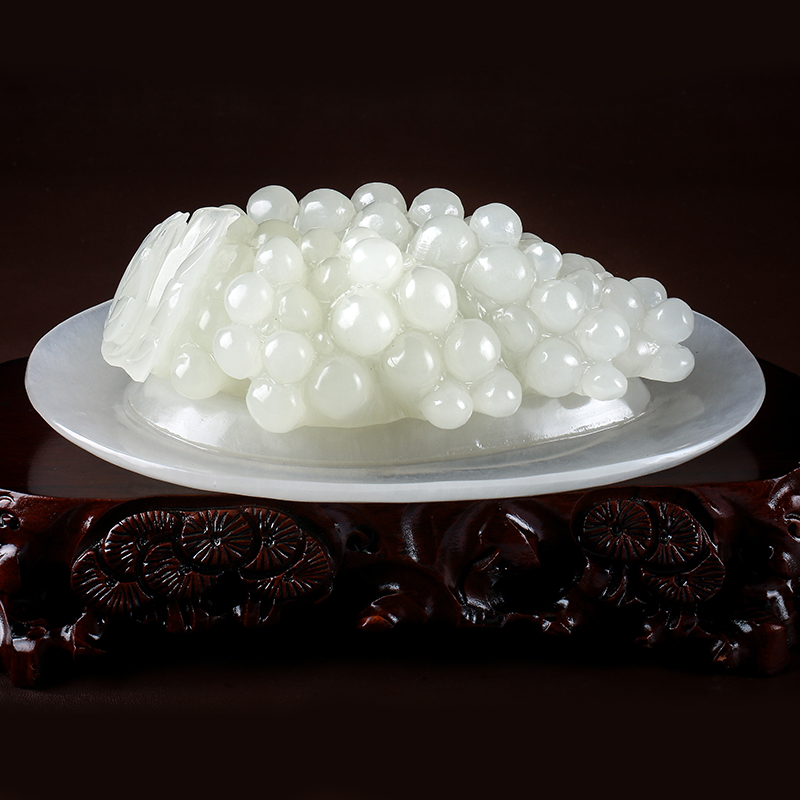 玉荔缘 天然白玉葡萄摆件 多子多福玉器摆设商务礼品 附证书