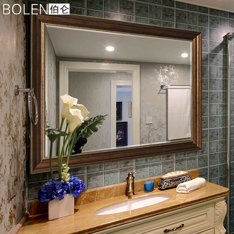 伯仑 浴室镜子复古做旧美式欧式浴室柜镜子壁挂卫生间洗漱台镜子 古铜金色 70*90cm
