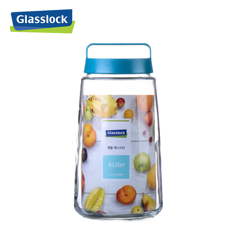 Glasslock大号大容量手提透明普通玻璃发酵密封存储罐酿酒泡菜腌制瓶 4000ml蓝盖