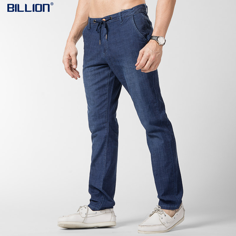 BILLION夏季薄款牛仔裤男宽松直筒系带抽绳休闲裤青年棉弹柔软质感B16123 123 深蓝色 30