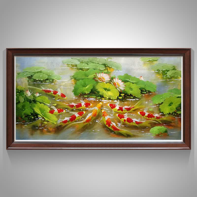 涌泉聚宝手工油画荷花九鱼图新中式客厅装饰画欧式餐厅玄关横版挂画