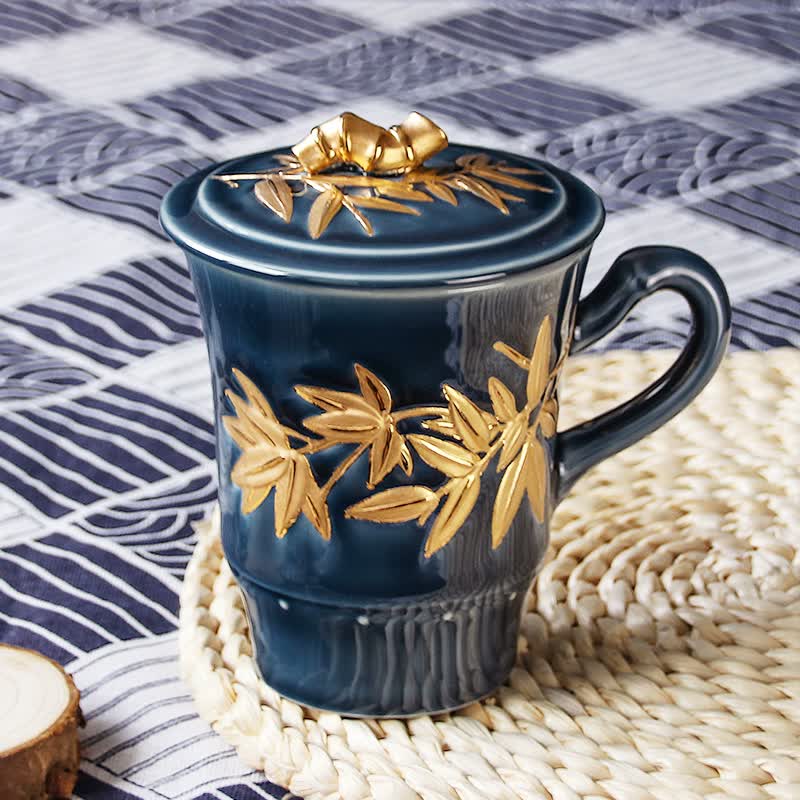 乾唐轩活瓷杯官方授权店 鎏金竹节高杯办公杯茶杯礼盒商务礼品老板杯