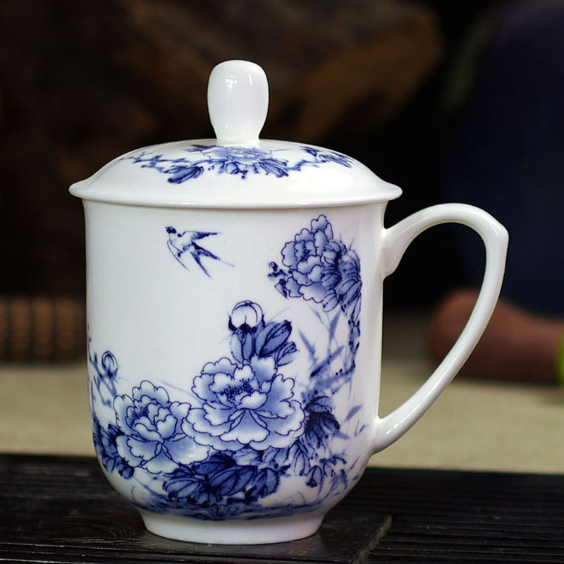 玉蝶 盖杯景德镇陶瓷茶杯骨瓷杯子青花瓷会议办公杯 青花牡丹