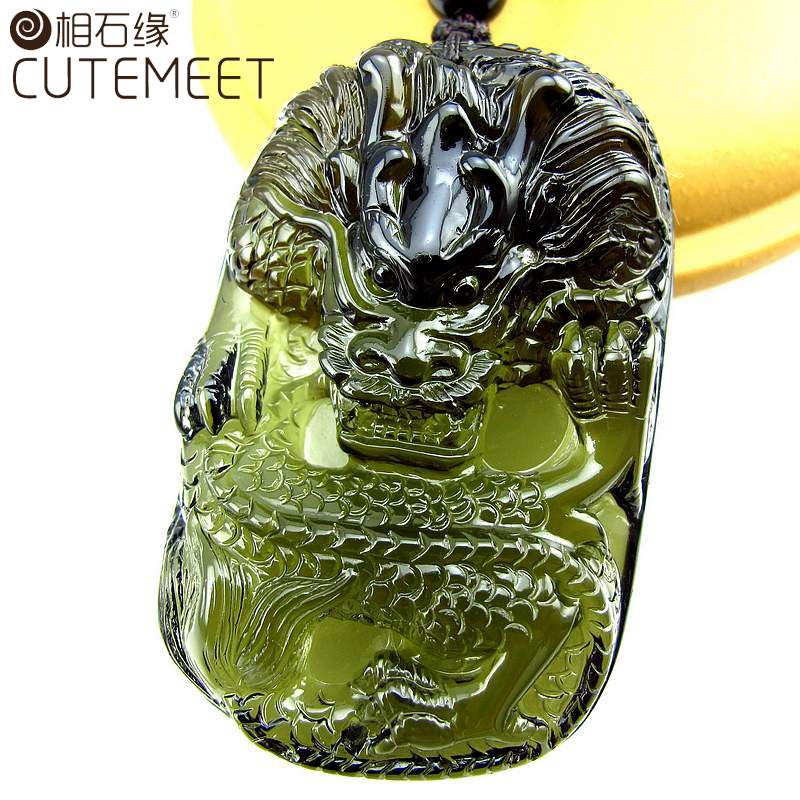 相石缘龙霸天下橄榄墨绿水晶龙牌吊坠男项链一物一图