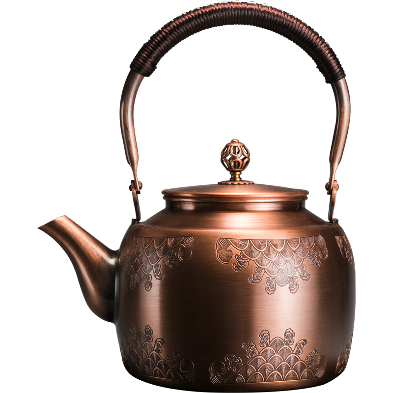 容山堂銅茶壺泡茶壺煮茶器銅茶壺燒水壺圍爐煮茶紫銅手工大號功夫茶具 1.7L紫銅壺-海浪