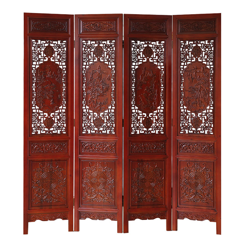 龙上龙(longshanglong)香樟木折叠屏风客厅玄关隔断山水镂空雕花全