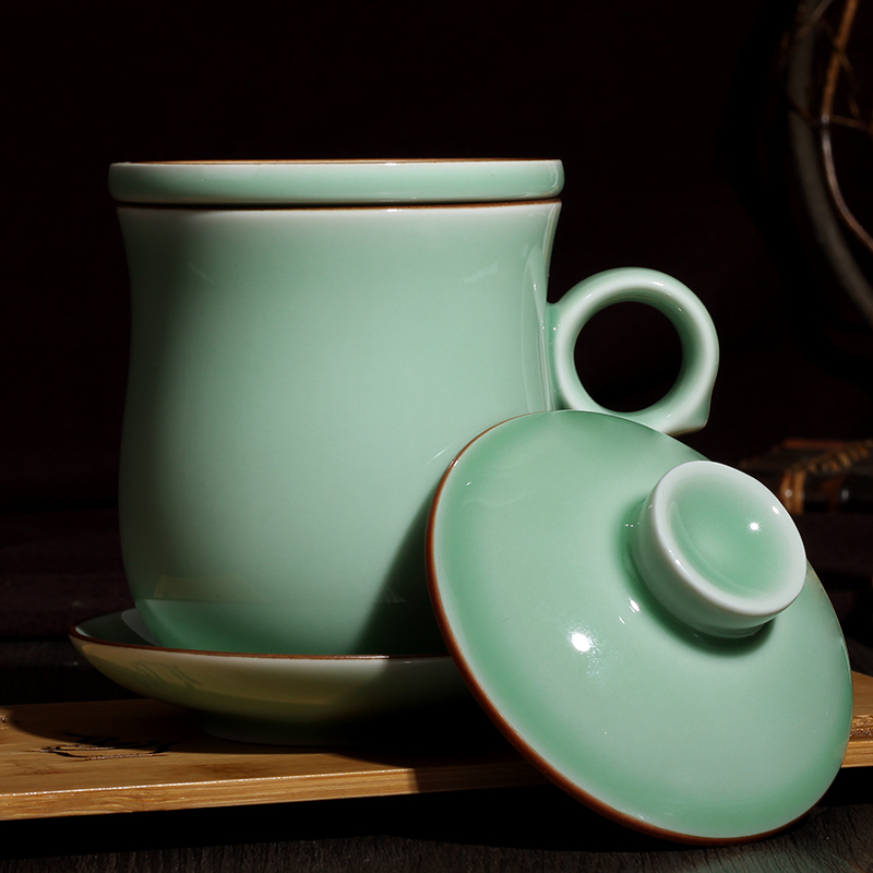 苗苗红龙泉青瓷茶杯陶瓷高档茶水分离办公送领导老公生日春节新年礼物 款1梅子青静心