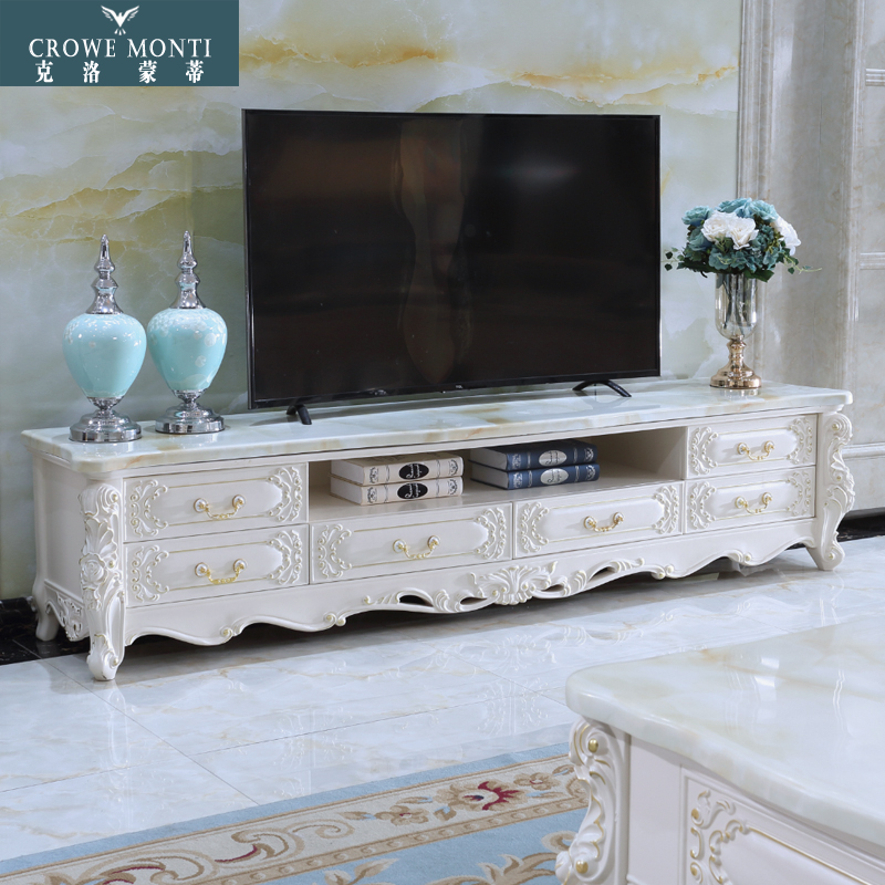 克洛蒙蒂 欧式大理石电视柜白色简欧全实木雕花地柜大中小户型法式