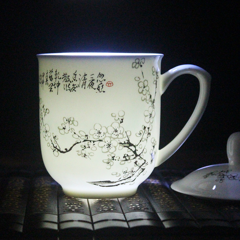 裂均 景德镇陶瓷器 青花荷塘情趣器茶具茶杯水杯公仆杯办公杯 梅花款 京东折扣/优惠券