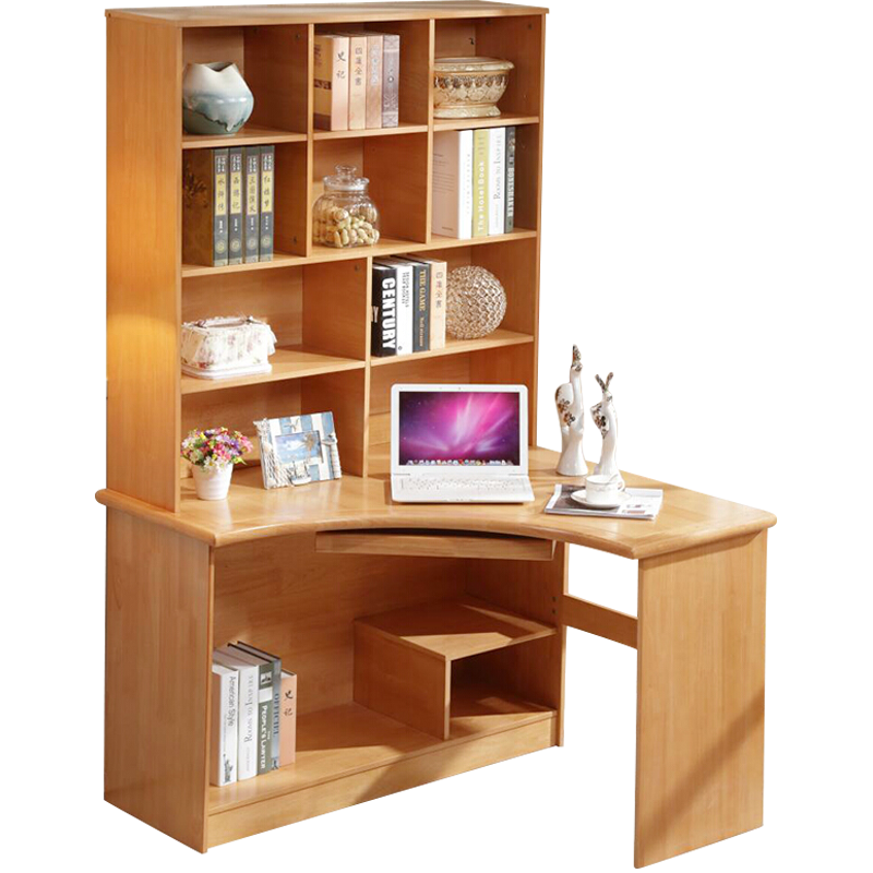 凯帝格家具 北欧实木电脑桌书桌办公写字桌台式带书架学习桌家用 榉木色 1.1米