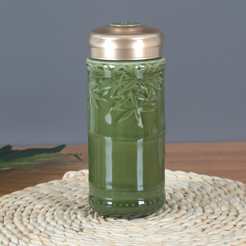乾唐轩 活瓷杯运竹双层随手杯330毫升陶瓷水杯子带杯盖 绿釉