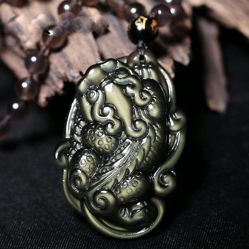 慈灵阁 冰种彩虹眼黑曜石貔貅吊坠 男款黑曜石水晶貔貅项链 优质款