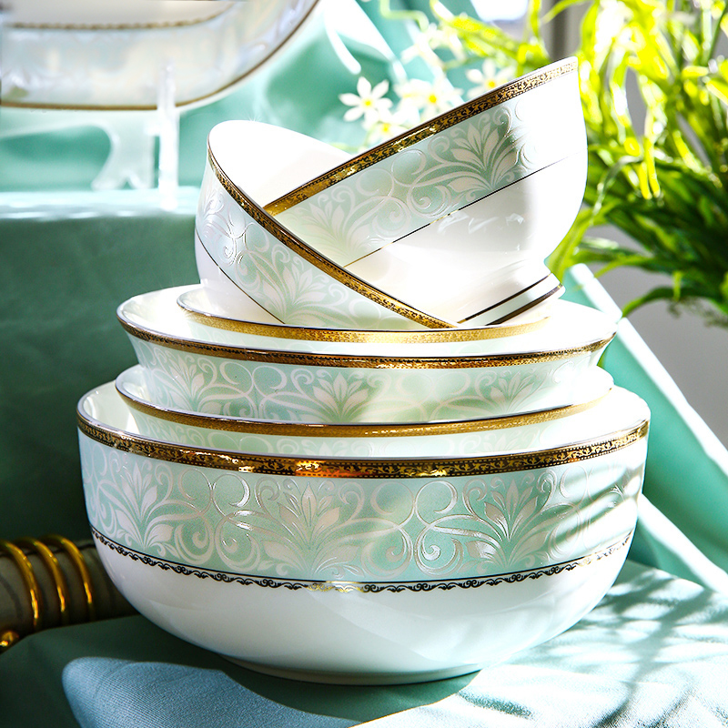vidsel 欧式金边浮雕骨瓷餐具散件 陶瓷碗碟盘子碗筷单个餐具碗盘 6英寸高脚面碗