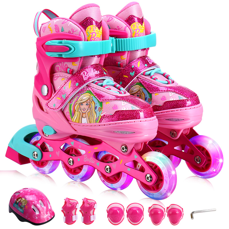 芭比（Barbie）轮滑鞋儿童 溜冰鞋全套装滑冰鞋男女可调全闪光轮旱冰鞋滑冰鞋 芭比公主款M码