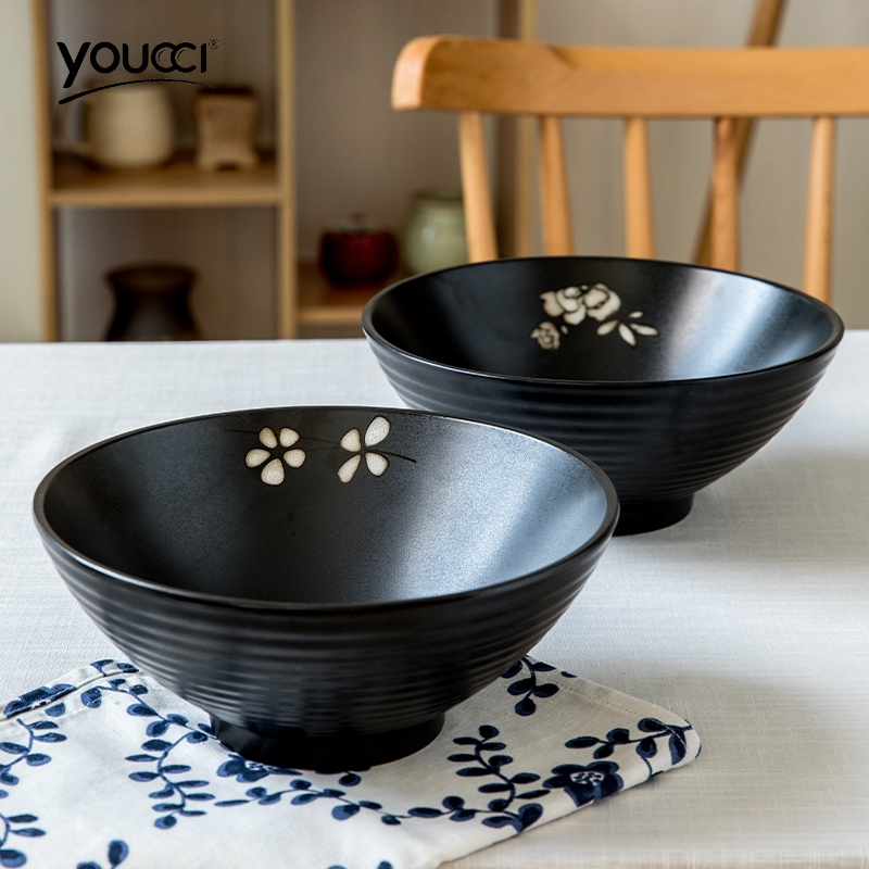悠瓷（youcci）格调8英寸创意日式拉面碗和风餐具陶瓷碗家用大号吃面碗黑色汤碗 8英寸螺纹碗套装樱花烙-2只装