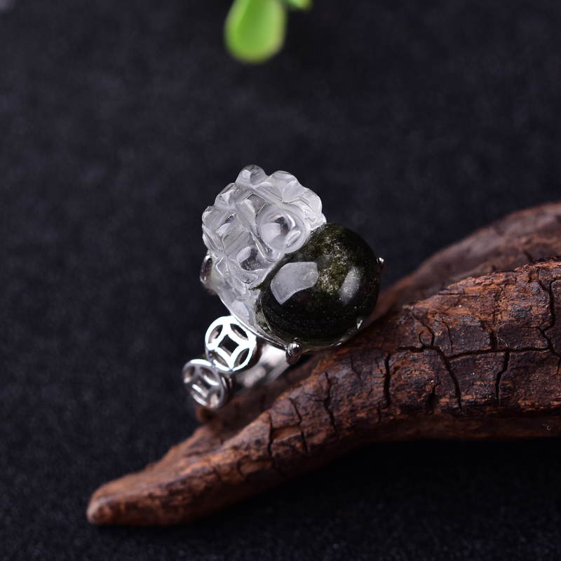 梓瑞珠寶 天然水晶 綠幽靈貔貅戒指 幽靈異象聚寶盆千層 925銀鑲嵌 一物一圖 款式一