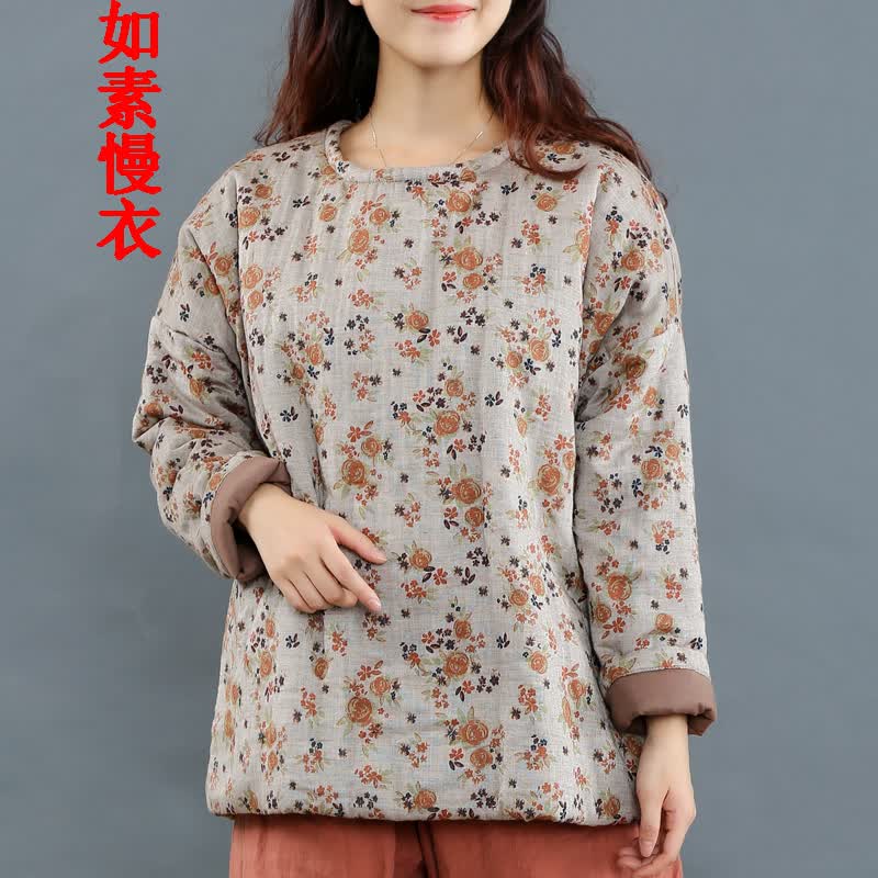 如素慢衣女装圆领小碎花休闲文艺中长款棉麻夹棉棉服外套8039 米花