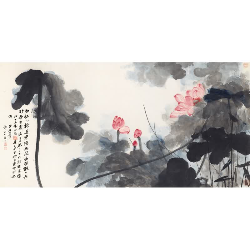 姿翰超高清微喷装饰画 张大千 大幅横幅水墨荷花图 国画纸本六尺整张