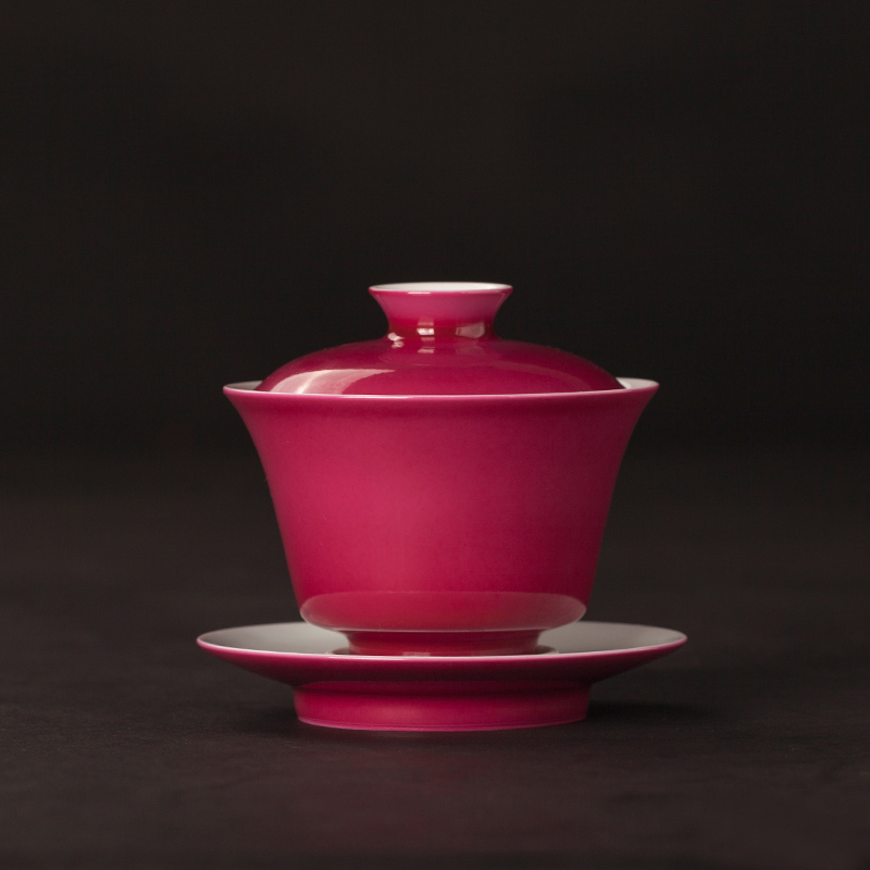 景德镇陶瓷 仿清雍正手工胎单色釉胭脂红盖碗 胭脂水 纯手工精制瓷器