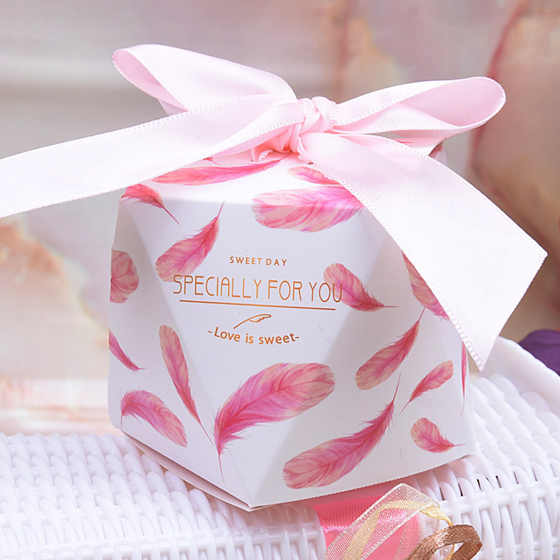 热带森林 西式结婚喜糖盒子纸盒糖果盒结婚婚庆用品婚礼喜糖包装袋 钻石款50个装粉色羽毛