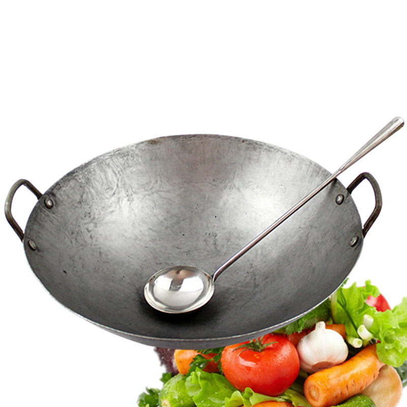 加厚手工锻打铁锅/炒锅/双耳锅/厨师炒菜锅/传统锅原生态无涂层手打锅