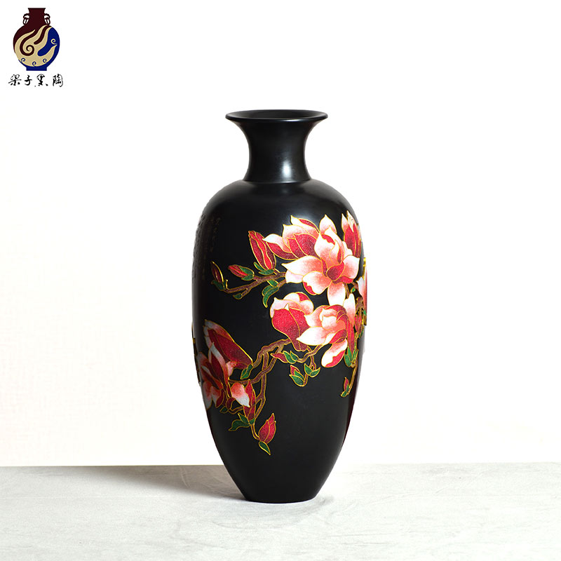 华夏记忆非遗山东龙山章丘黑陶金丝玉兰花高端手工陶瓷工艺品家居饰品