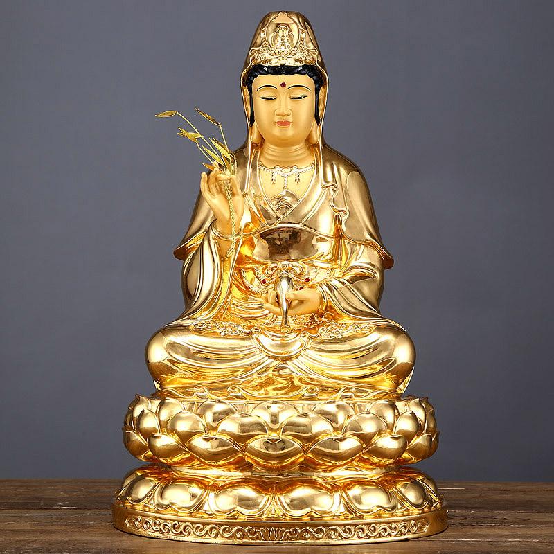 圆通礼品 黄铜观音佛像 贴金工艺家用佛堂供奉  娑婆三圣摆件 30厘米