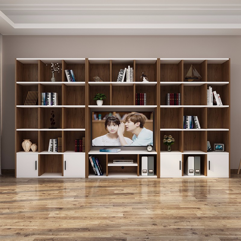 唯美馨电视柜高柜立柜书柜书架组合客厅背景墙一体地柜书架电视柜组合 D款+C款+D款-南疆套白色-长3.6米