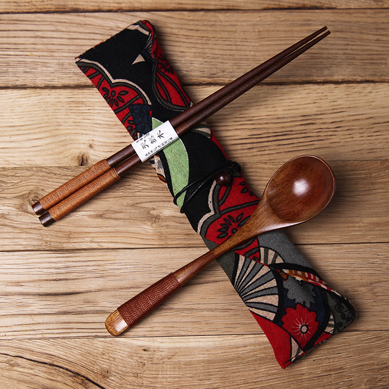 和风四季环保套装筷子勺子叉子布袋套装绕线木勺筷套日式便携餐具创意礼品 花布袋+筷+勺(棕)（麦秸秆盒）
