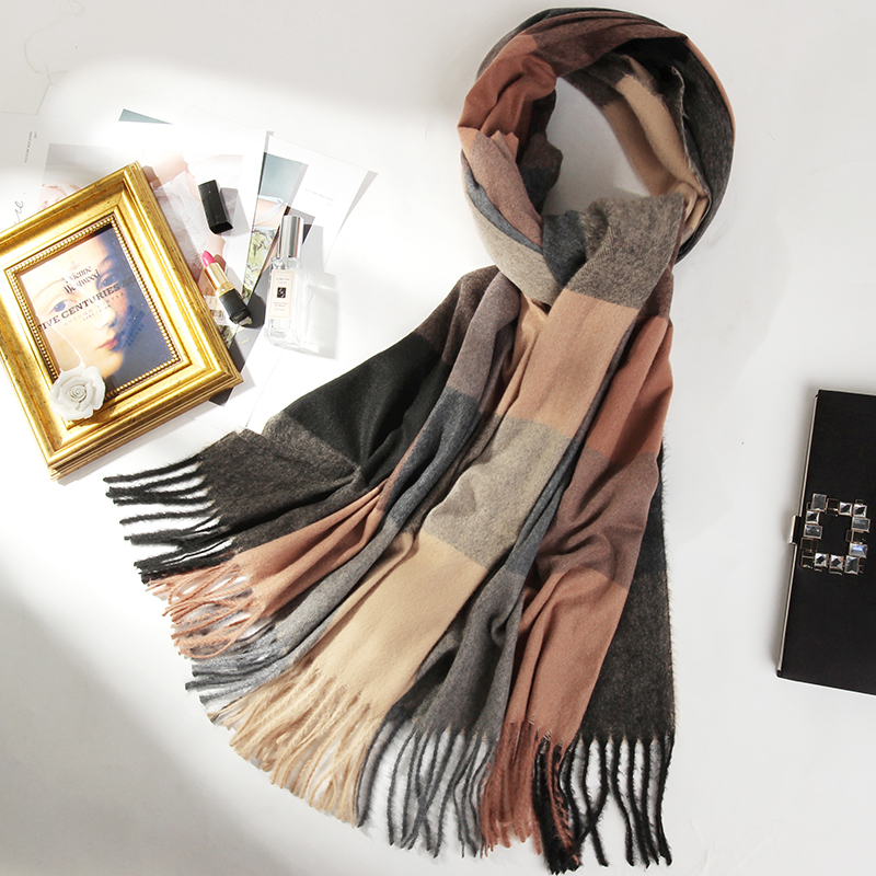 达芬奇密码 围巾女冬季学生韩版 保暖围脖情侣男格子披肩  5# 混灰深驼