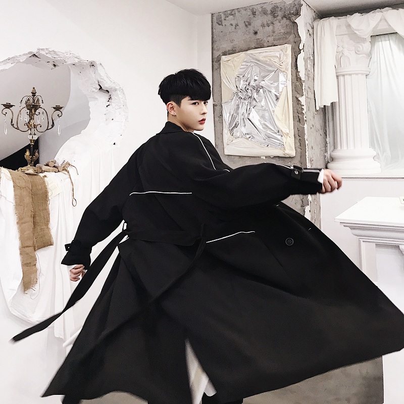 凯登狮(keidenlion)风衣男设计师加长款韩版男风衣宽松百搭系带外套a