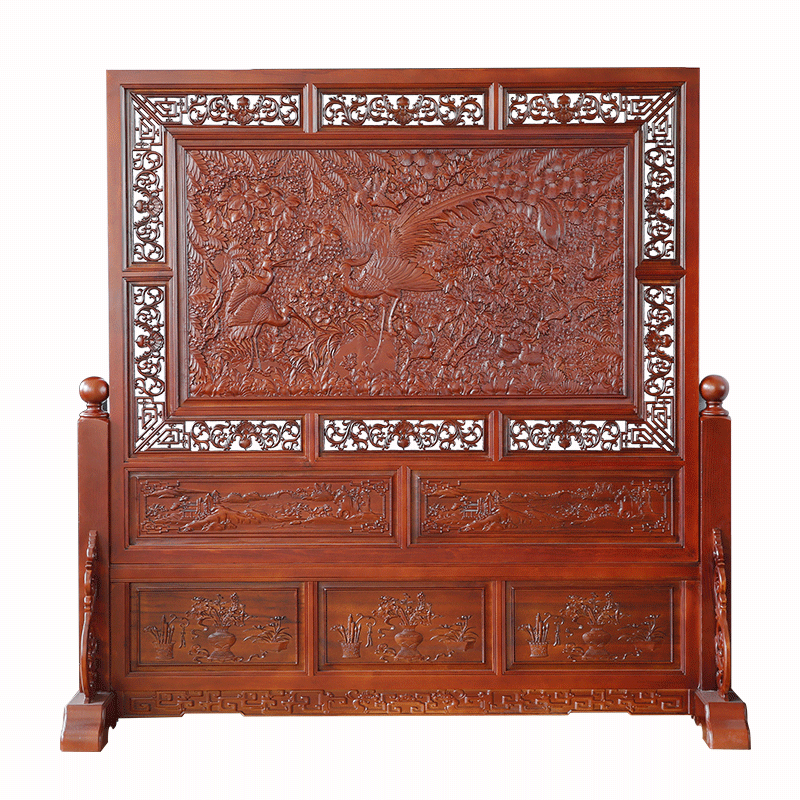 龙上龙(longshanglong)香樟木全实木屏风中式百鸟朝凤座屏大厅办公室