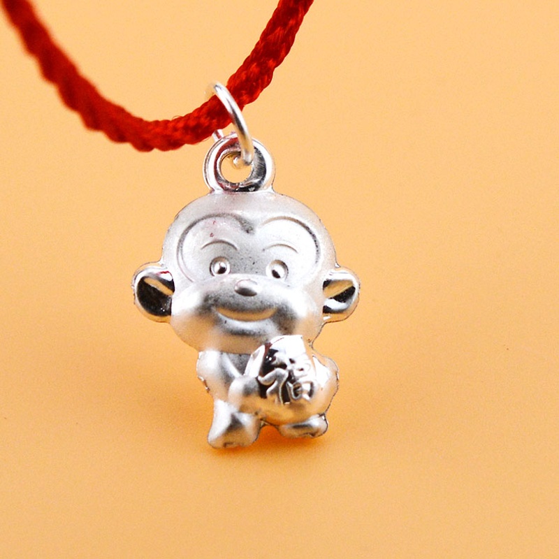 纯已久银饰猴子990足银吊坠磨砂吊坠生肖挂件空心双面聪明伶俐福字坠
