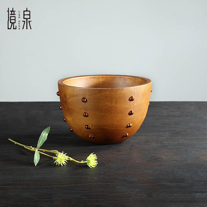 东南亚风格实木创意圆形木碗简约禅意桌面摆件水果碗实用型木质碗 直径20*高12.5