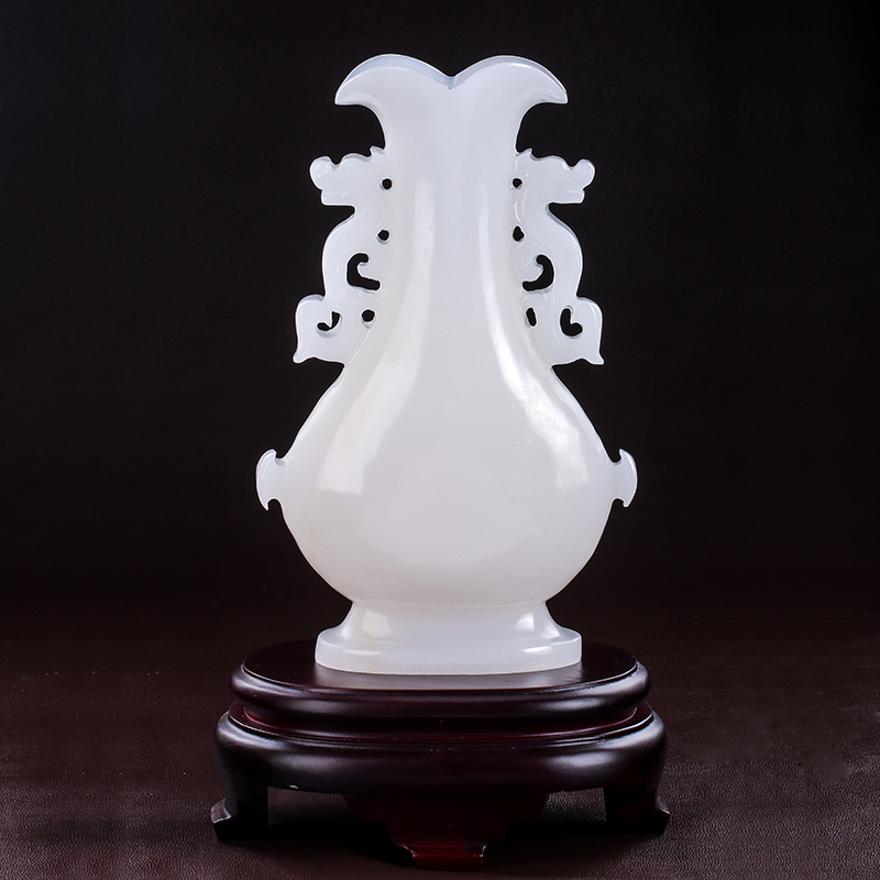 玉荔缘 白玉精雕仿古花瓶摆件 双龙玉瓶 玉花瓶办公摆设 玉石玉器 附