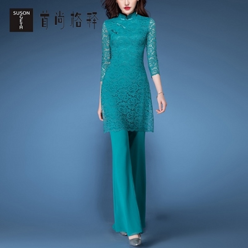 站套装2018春夏新款女装蕾丝上衣喇叭裤时尚显瘦两件套女 湖蓝色 m