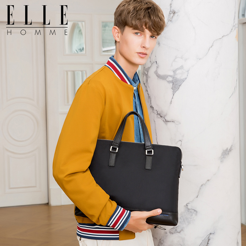 elle homme 手提包轻便防泼水尼龙布包休闲横款时尚男包手提单肩斜跨