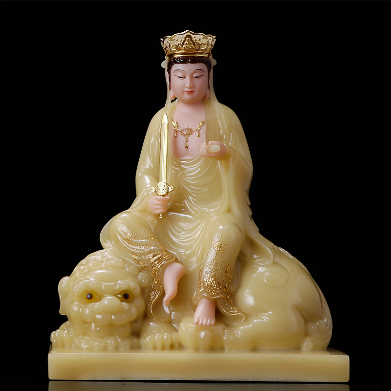 圆通汉白玉文殊普贤家用供奉黄玉镶金普贤菩萨像文殊菩萨华严三圣佛像