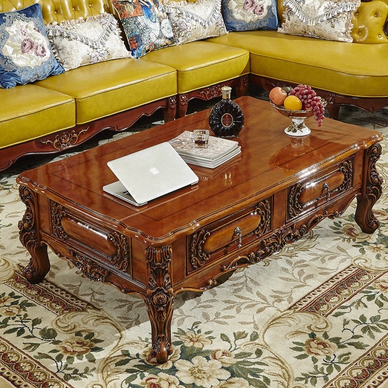 全实木大理石茶几 复古别墅客厅茶几 雕花带抽屉长方形茶几 深棕色 长