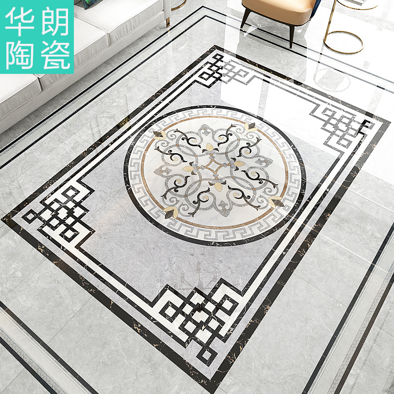 华朗新中式入户玄关客厅拼花地砖800x800 仿水刀拼图餐厅瓷砖拼花微晶