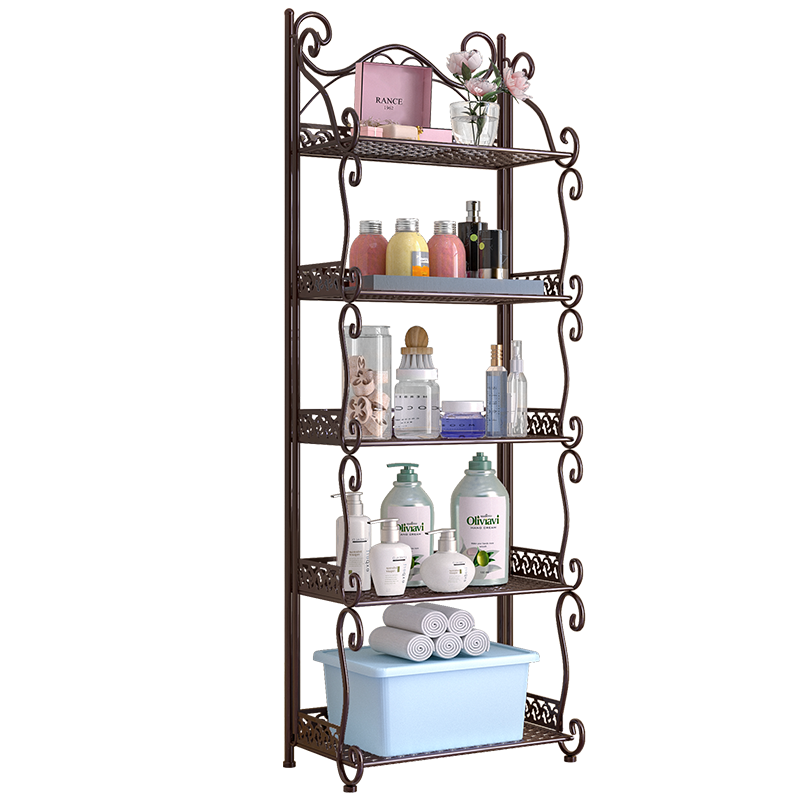 蜗家 厨房置物架落地多层收纳架微波炉架浴室架子储物架花架子多层客厅落地式置物架储物架 Z675咖啡色【宽34cm*高111cm】