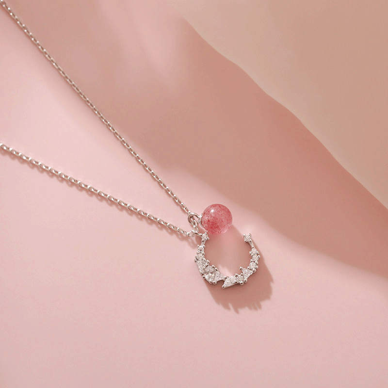 smvp925银闪钻月亮草莓晶项链清新锁骨链情人节生日新年礼物送女友 亮
