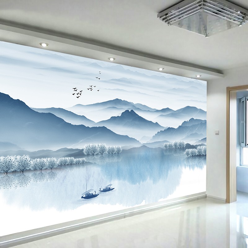 卡美龙 电视背景墙壁画新中式意境山水画壁纸现代墙纸墙布影视墙定制