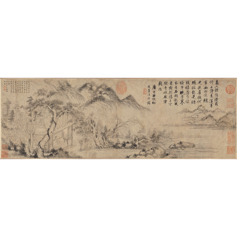 姿翰超高清微喷装饰画 明代 唐寅唐伯虎水墨山水画乾隆题诗 纸本 73x