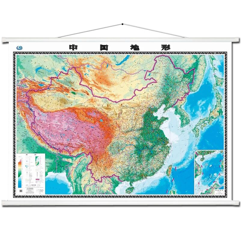 地势地貌山川河流平面地形图 双面覆膜防水高清中国地图 带挂绳挂杆