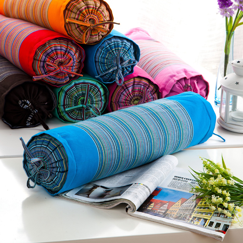 粗布中式荞麦枕头 手工护颈枕枕头 颈椎枕长50-55cm直径15cm 天蓝圆枕