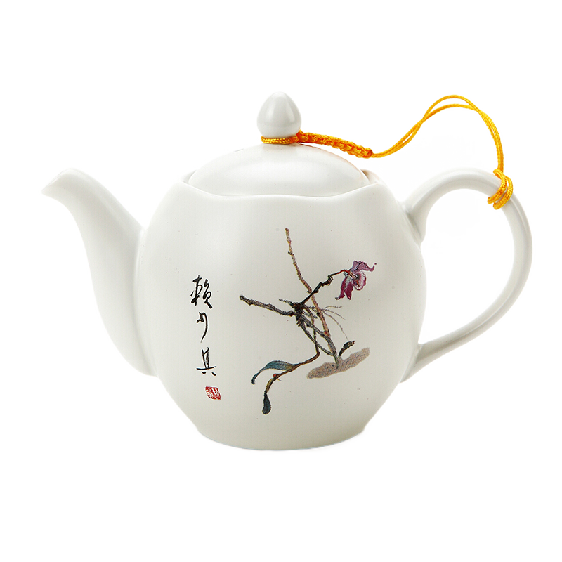 恒福整套茶具套装定窑白瓷高端功夫茶壶茶杯带托盘国画大师赖少其作品 石斛花托盘组
