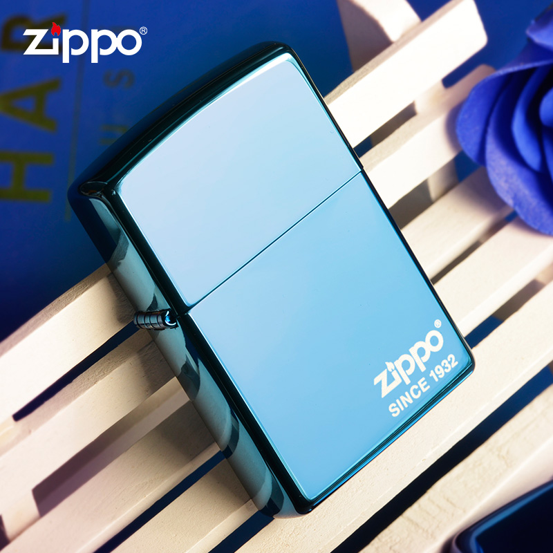 zippo 蓝冰镜面打火机 之宝煤油防风男士商务火机套装 年份商标【火机