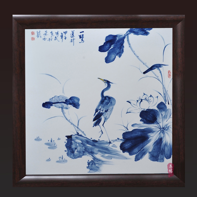 爵士尊品  景德镇陶瓷器 刘述武大师手绘一鹭莲升瓷板画装饰摆件壁画